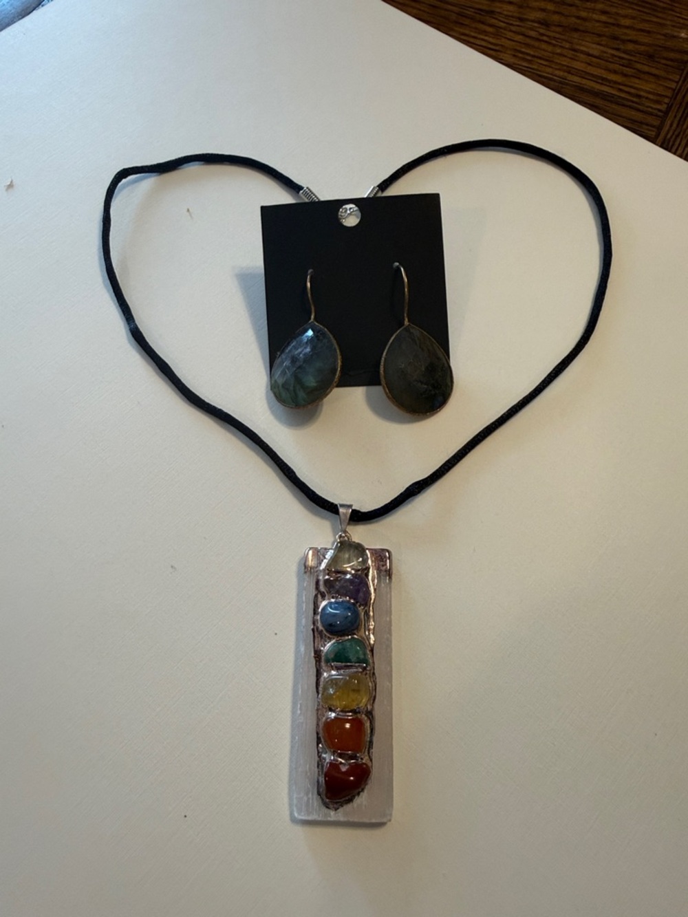 Multi-Stone Chakra Pendant Necklace with Green Teardrop Earrings - Unbranded